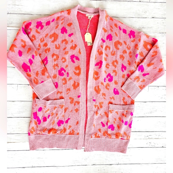 Jodifl Boutique Barbie Leopard Print Pink & Orange Sweater Cardigan W/ Pockets - Picture 5 of 10